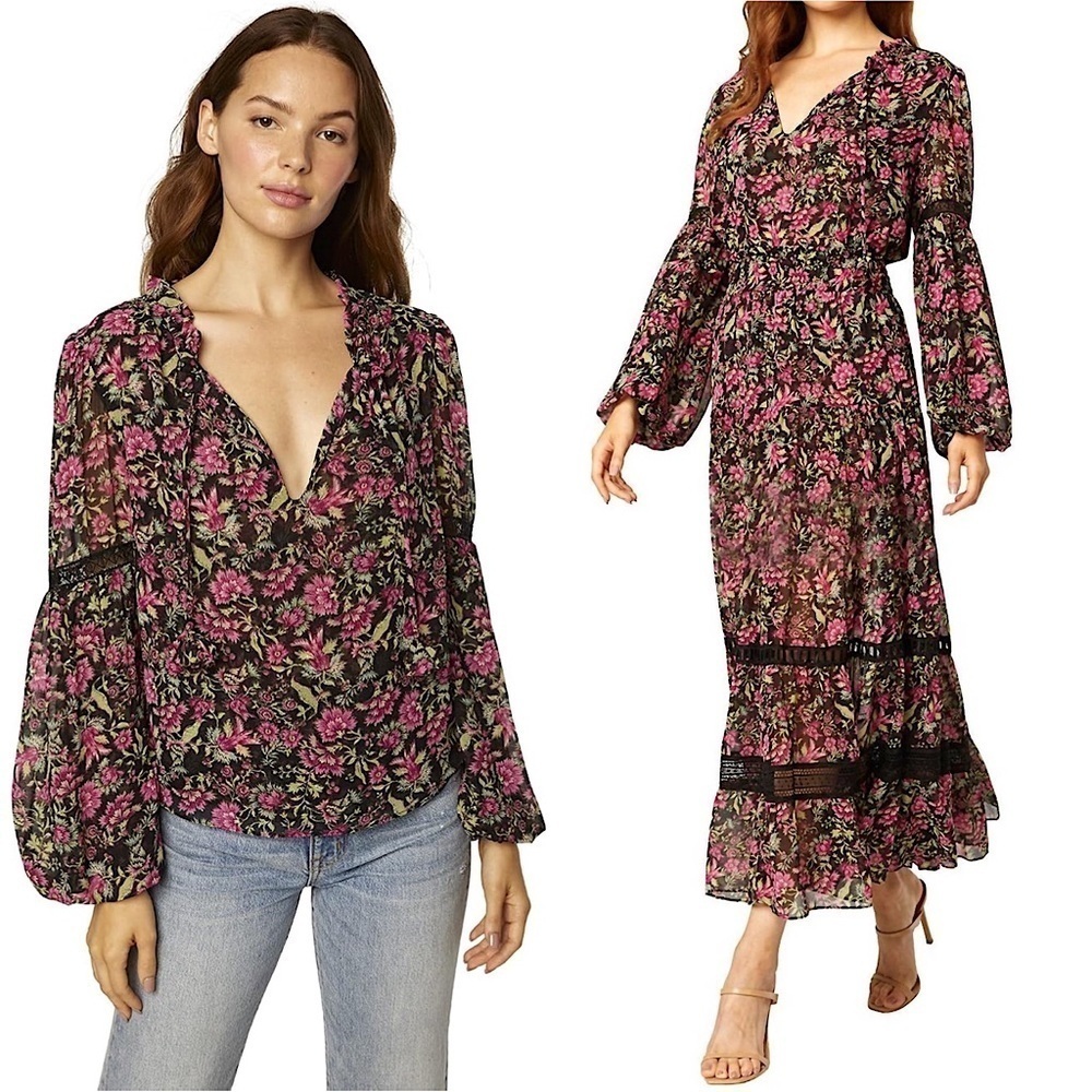 MISA LOS ANGELES Floral Chiffon Puff Long Sleeve Lace Trim Ruffle Tie Neck Top S
